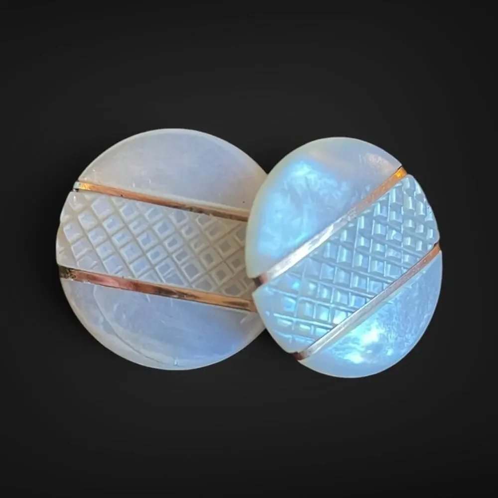 Vintage Art Deco Mother of Pearl Cufflinks Carved Geometric Gold Tone Round